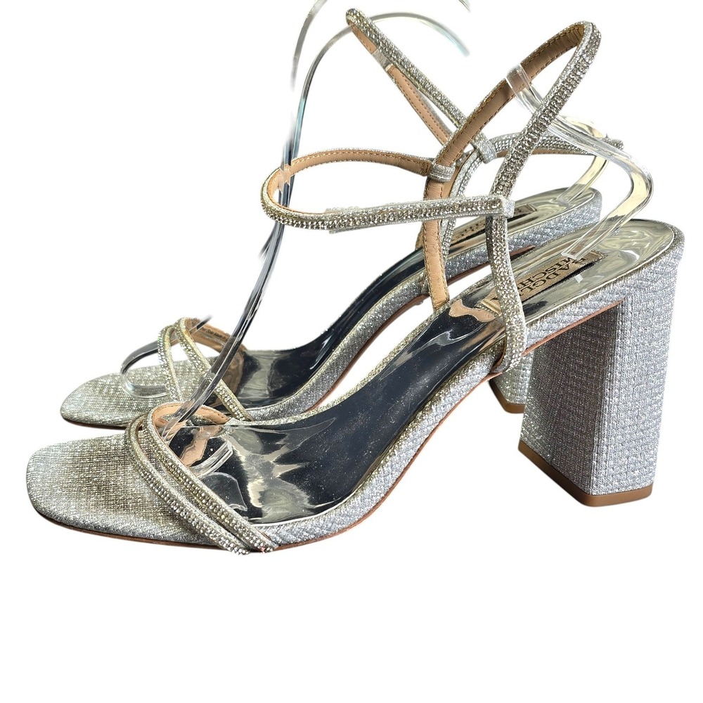 Badgley Mischka Heel Sandals Women Sz 11 Silver Glitter Rhinestone‎ Block Formal